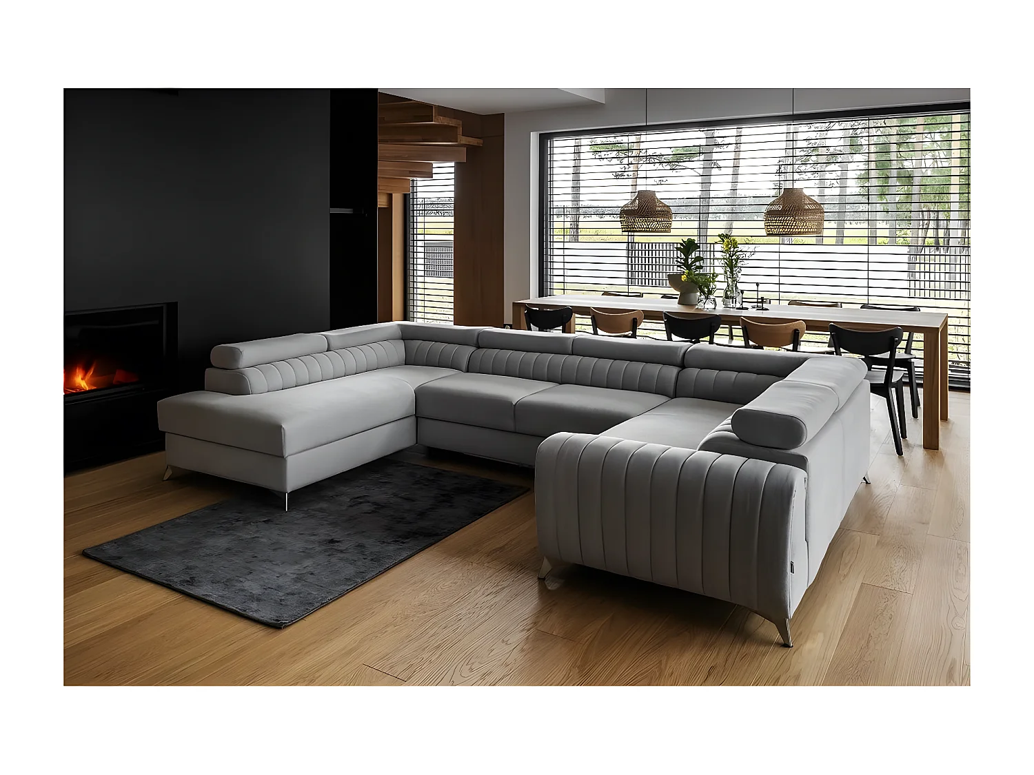 Canapé d'angle convertible LOUCA VELOURS Luxe, 7/8 places, gris , accoudoir droit (vu de face)