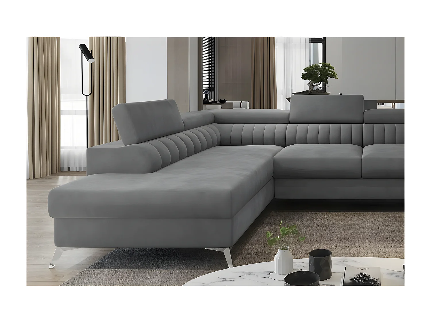 Canapé d'angle convertible LOUCA VELOURS Luxe, 7/8 places, gris , accoudoir droit (vu de face)