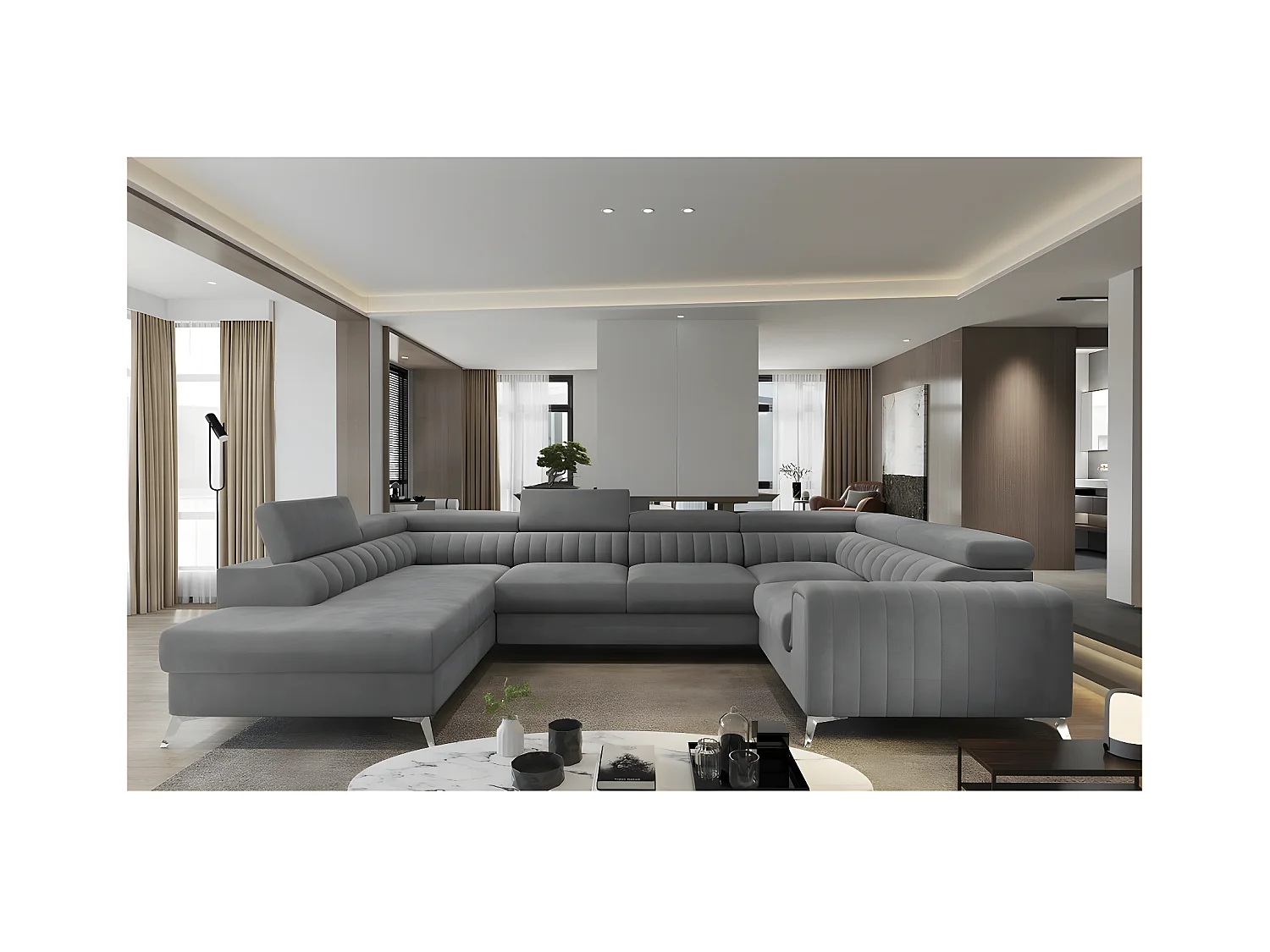 Canapé d'angle convertible LOUCA VELOURS Luxe, 7/8 places, gris , accoudoir droit (vu de face)