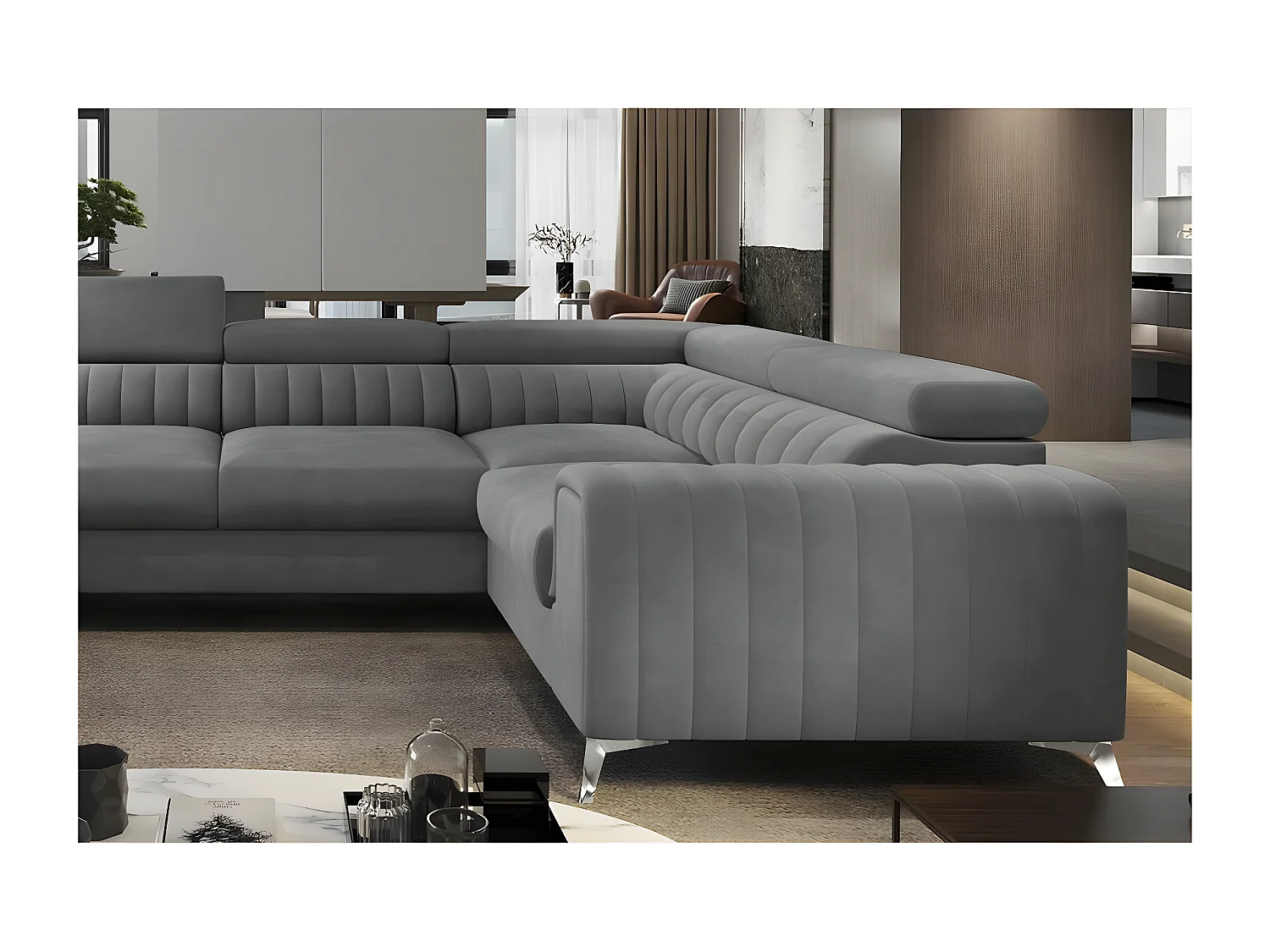 Canapé d'angle convertible LOUCA VELOURS Luxe, 7/8 places, gris , accoudoir droit (vu de face)