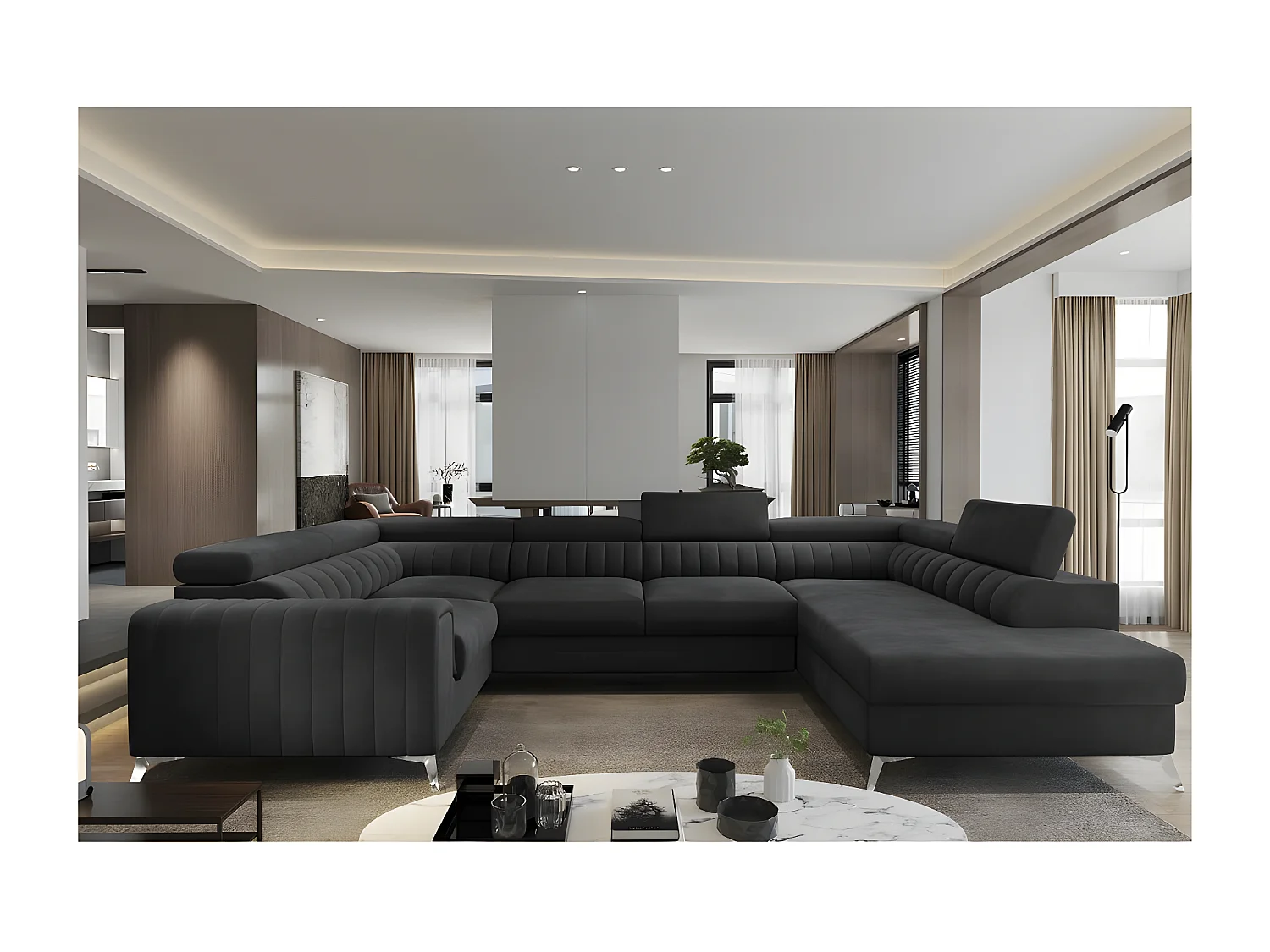 Canapé d'angle convertible, LOUCA VELOURS Luxe, 7/8 places, gris anthracite, accoudoir gauche (vu de face)