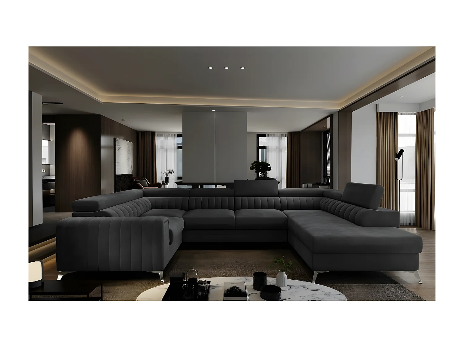 Canapé d'angle convertible, LOUCA VELOURS Luxe, 7/8 places, gris anthracite, accoudoir gauche (vu de face)