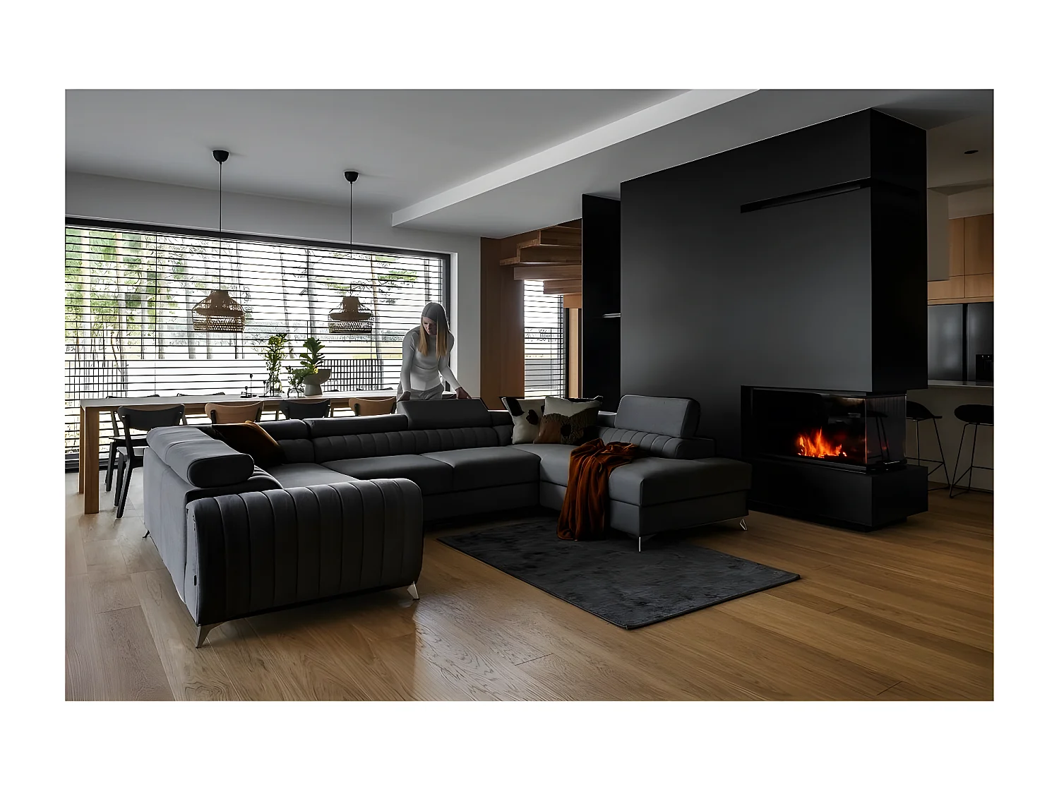 Canapé d'angle convertible, LOUCA VELOURS Luxe, 7/8 places, gris anthracite, accoudoir gauche (vu de face)