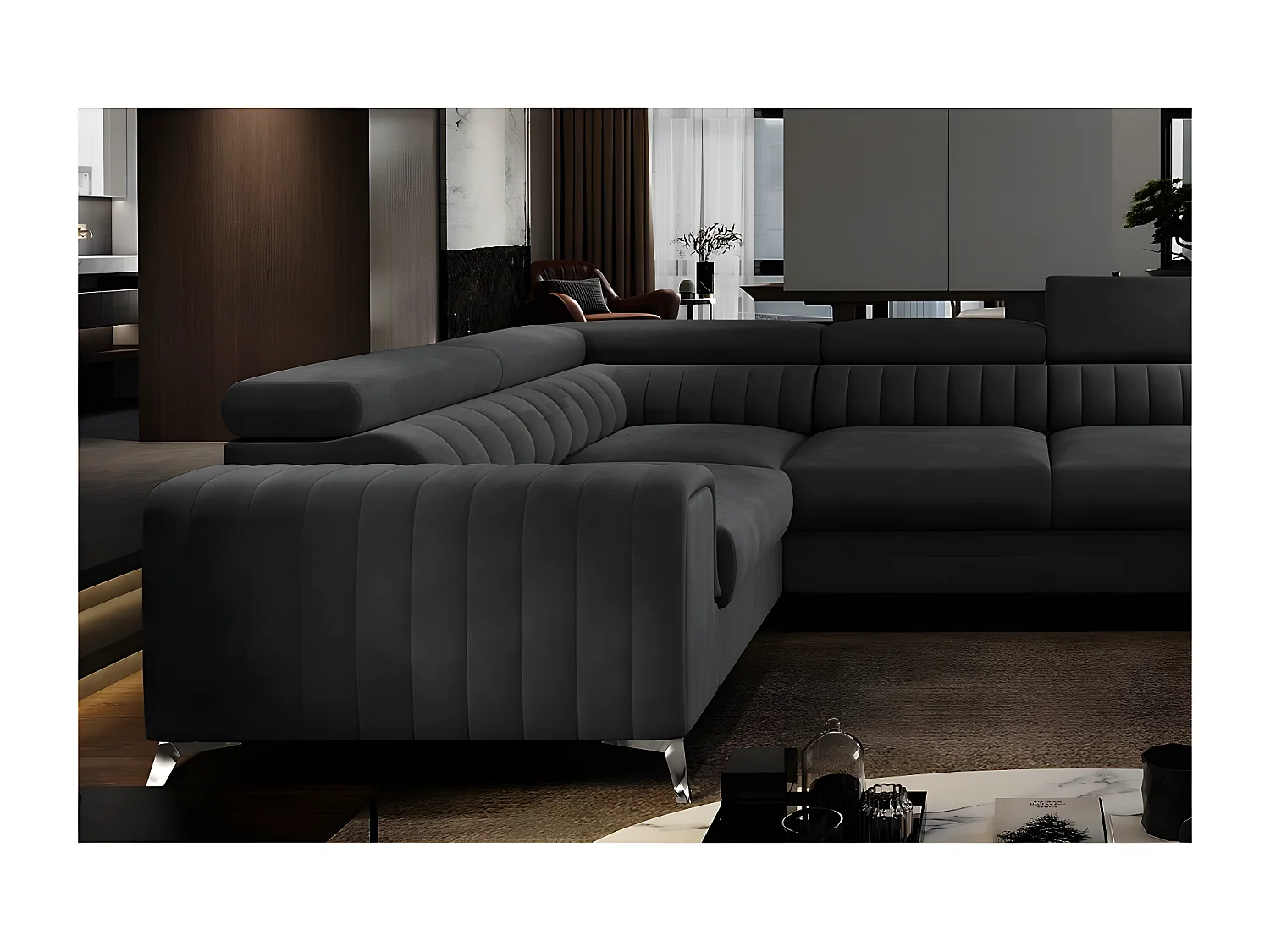 Canapé d'angle convertible, LOUCA VELOURS Luxe, 7/8 places, gris anthracite, accoudoir gauche (vu de face)