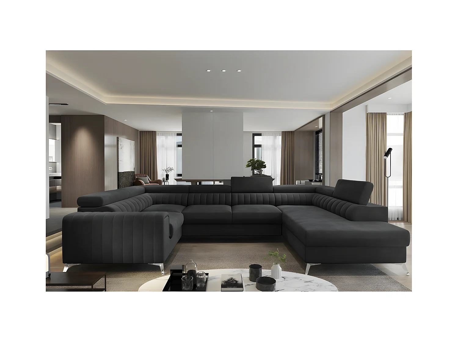 Canapé d'angle convertible, LOUCA VELOURS Luxe, 7/8 places, gris anthracite, accoudoir gauche (vu de face)