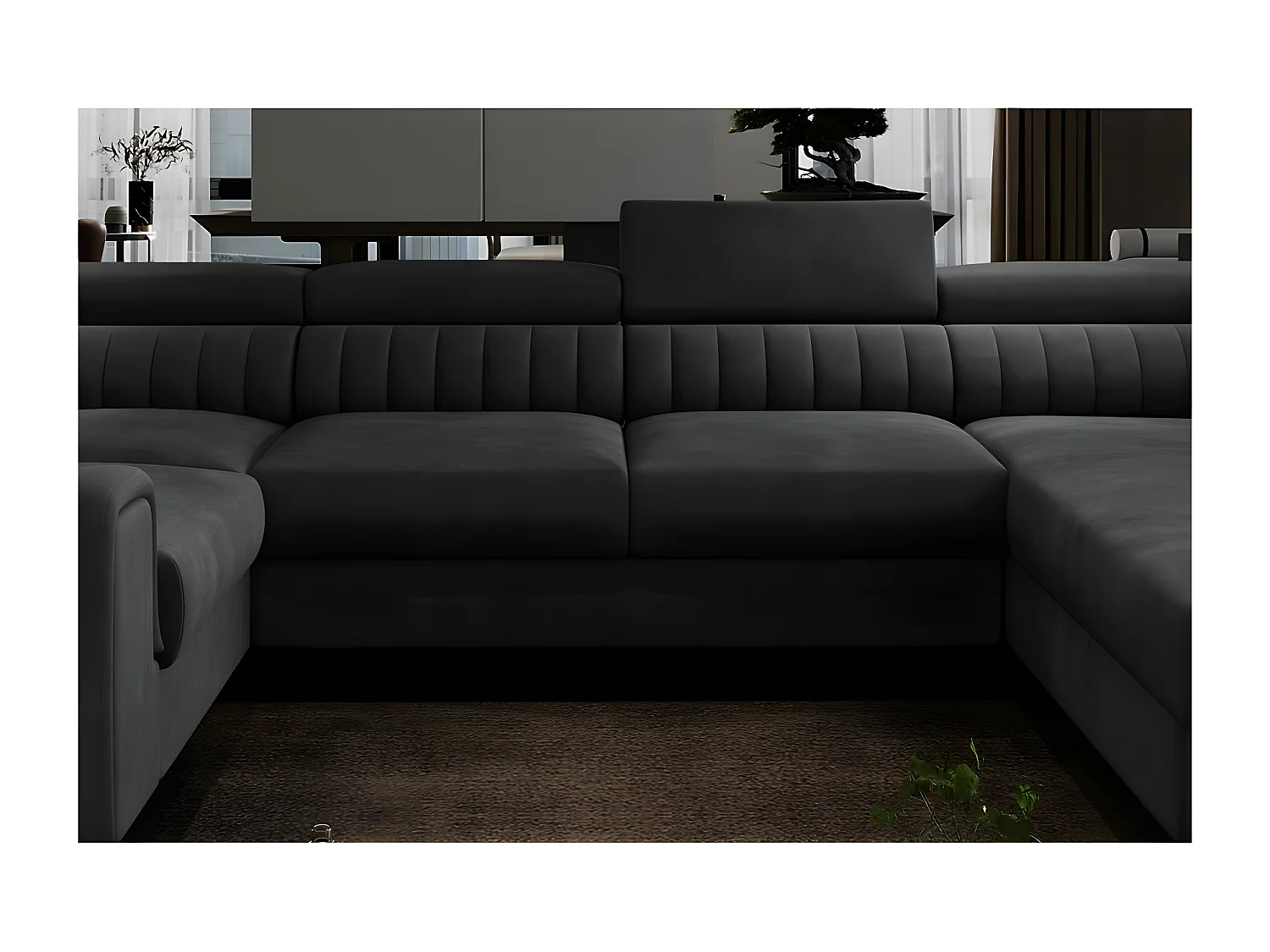 Canapé d'angle convertible, LOUCA VELOURS Luxe, 7/8 places, gris anthracite, accoudoir gauche (vu de face)