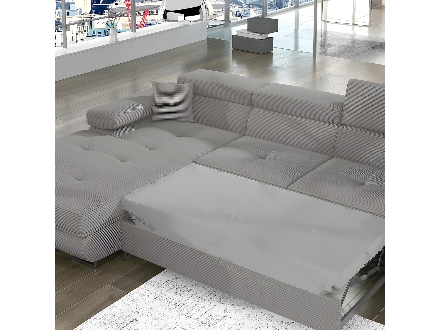 Canapé d'angle convertible - ARMEL en velours cottelé luxe 5 places, couleur gris, coffre, angle gauche (vu de face)