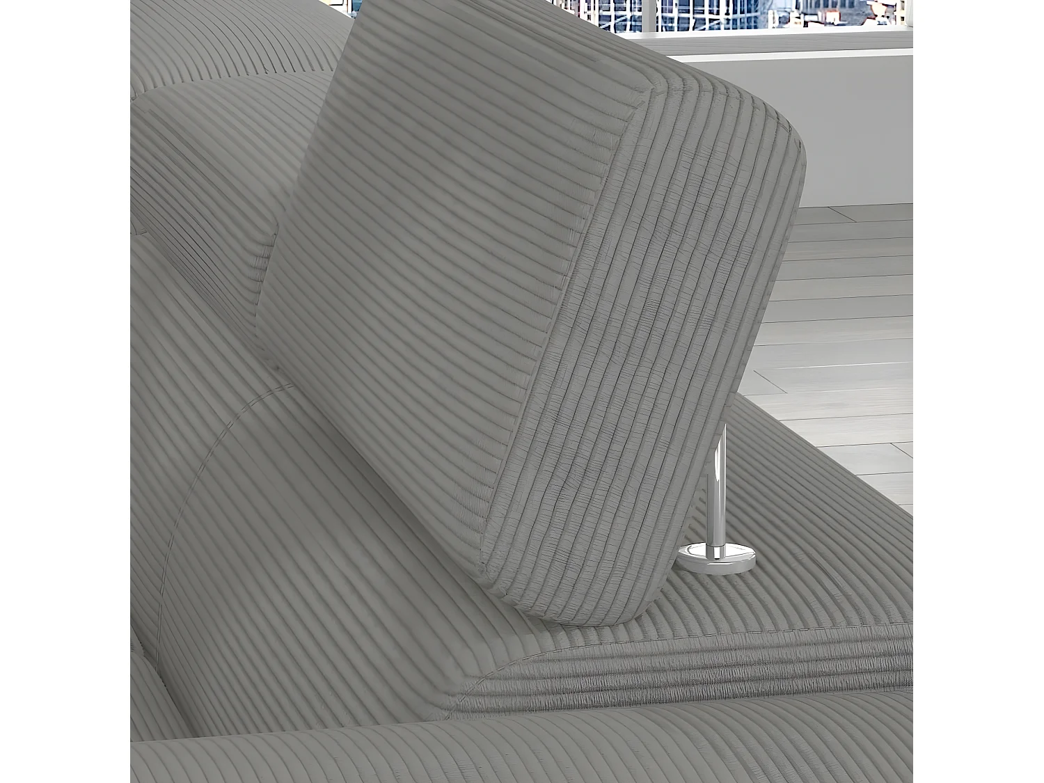 Canapé d'angle convertible - ARMEL en velours cottelé luxe 5 places, couleur gris, coffre, angle gauche (vu de face)