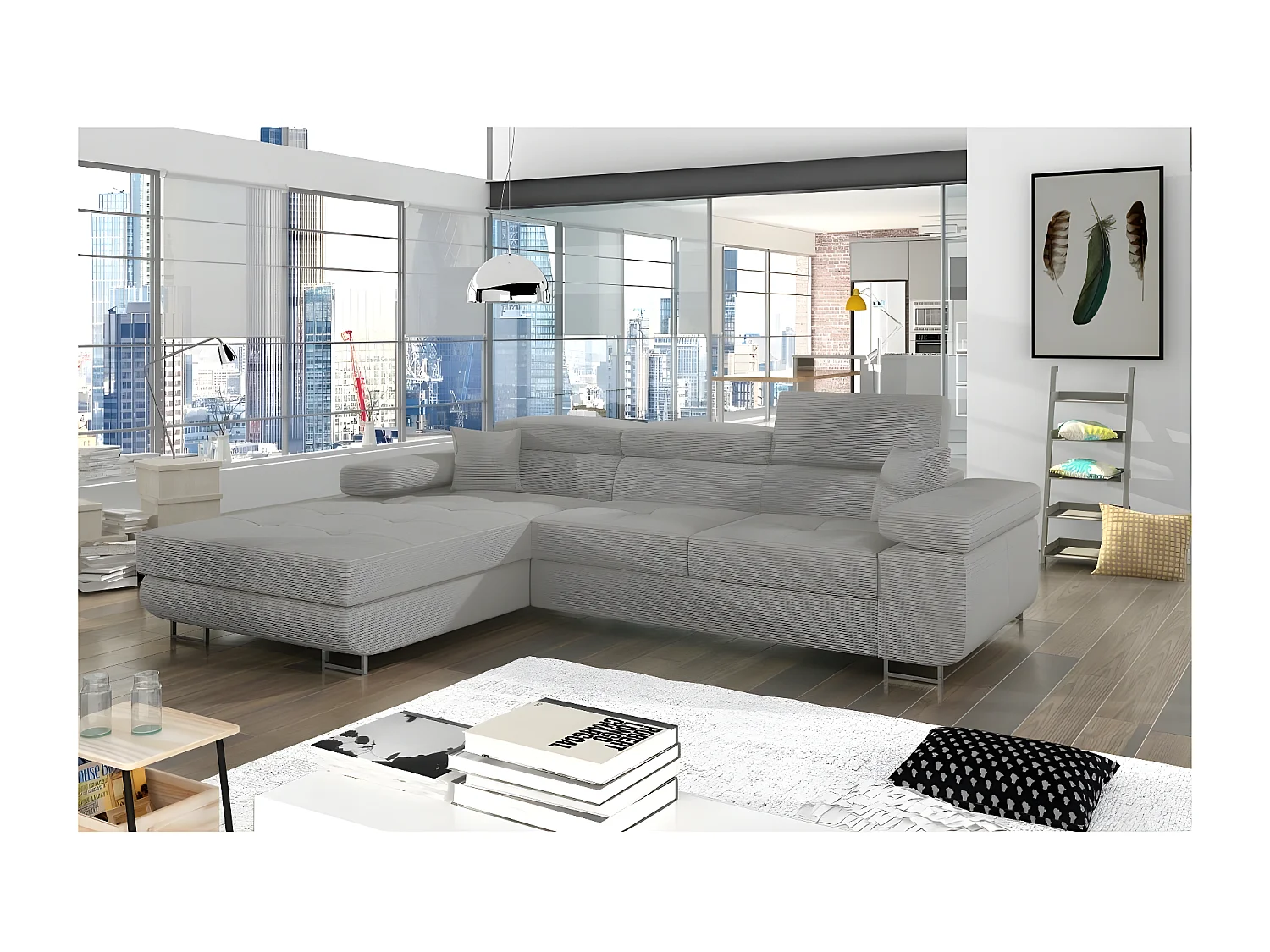 Canapé d'angle convertible - ARMEL en velours cottelé luxe 5 places, couleur gris, coffre, angle gauche (vu de face)