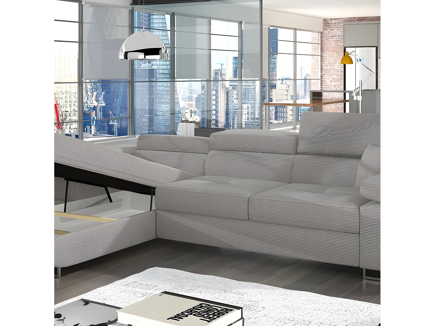 Canapé d'angle convertible - ARMEL en velours cottelé luxe 5 places, couleur gris, coffre, angle gauche (vu de face)