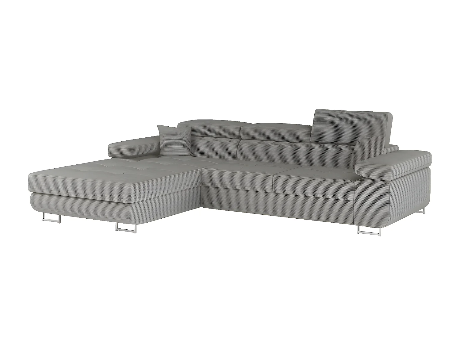 Canapé d'angle convertible - ARMEL en velours cottelé luxe 5 places, couleur gris, coffre, angle gauche (vu de face)