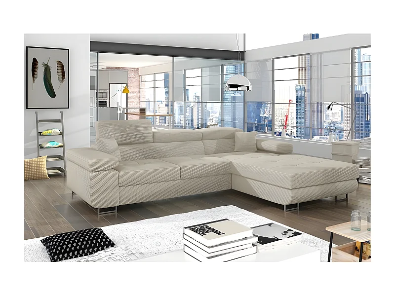 Canapé d'angle convertible ARMEL en velours cottelé luxe 5 places, couleur beige, avec coffre, angle droit (vu de face)