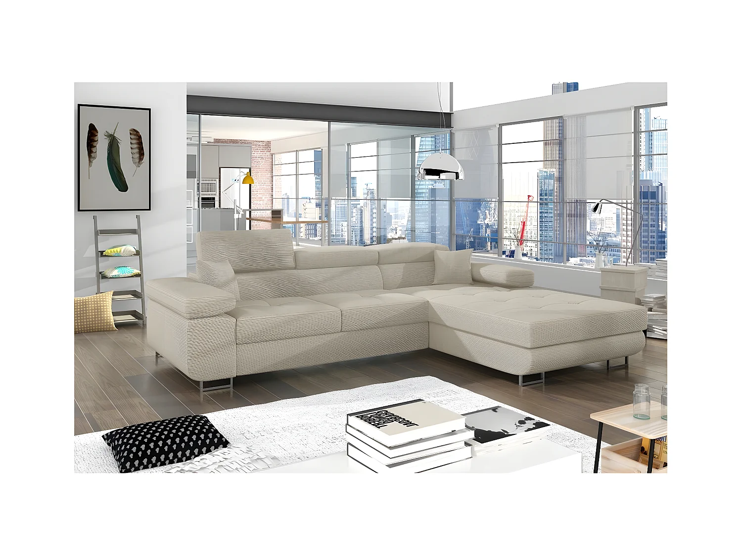 Canapé d'angle convertible ARMEL en velours cottelé luxe 5 places, couleur beige, avec coffre, angle droit (vu de face)