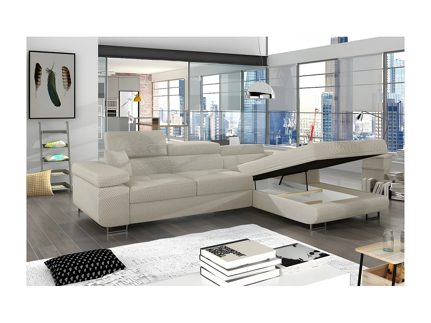 Canapé d'angle convertible ARMEL en velours cottelé luxe 5 places, couleur beige, avec coffre, angle droit (vu de face)