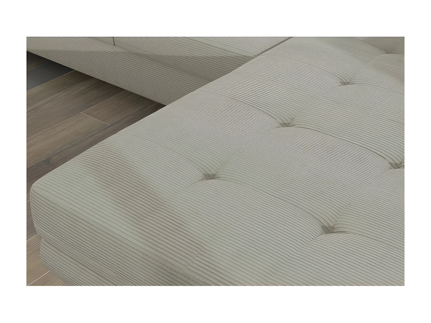 Canapé d'angle convertible ARMEL en velours cottelé luxe 5 places, couleur beige, avec coffre, angle droit (vu de face)