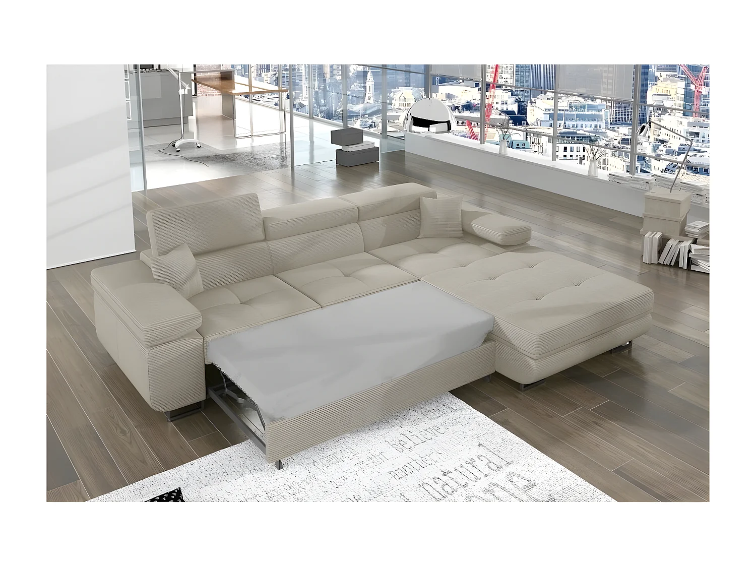 Canapé d'angle convertible ARMEL en velours cottelé luxe 5 places, couleur beige, avec coffre, angle droit (vu de face)