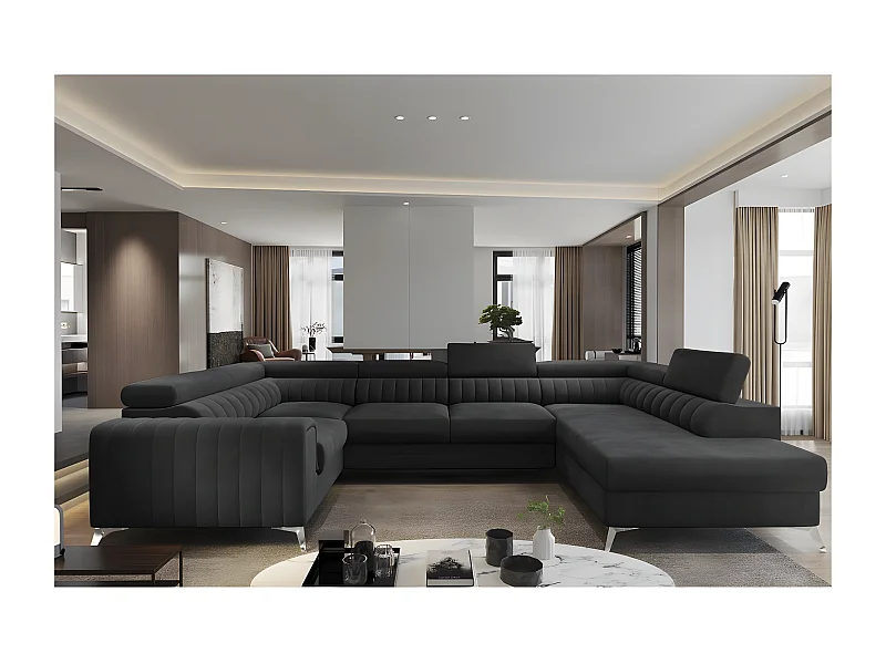 Canapé d'angle convertible, LOUCA VELOURS Luxe, 7/8 places, NOIR, accoudoir gauche (vu de face)