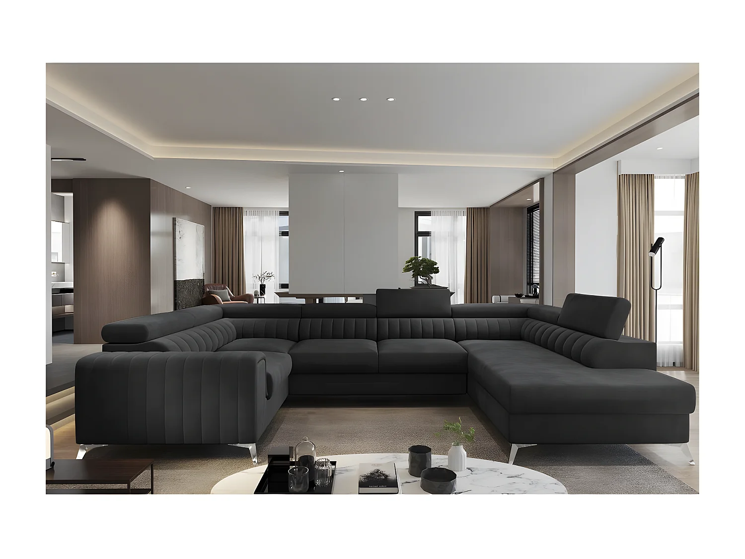 Hoekbank LOUCA VELOURS Luxe met slaapfunctie en opbergruimte, zwart, 7/8 zitplaatsen