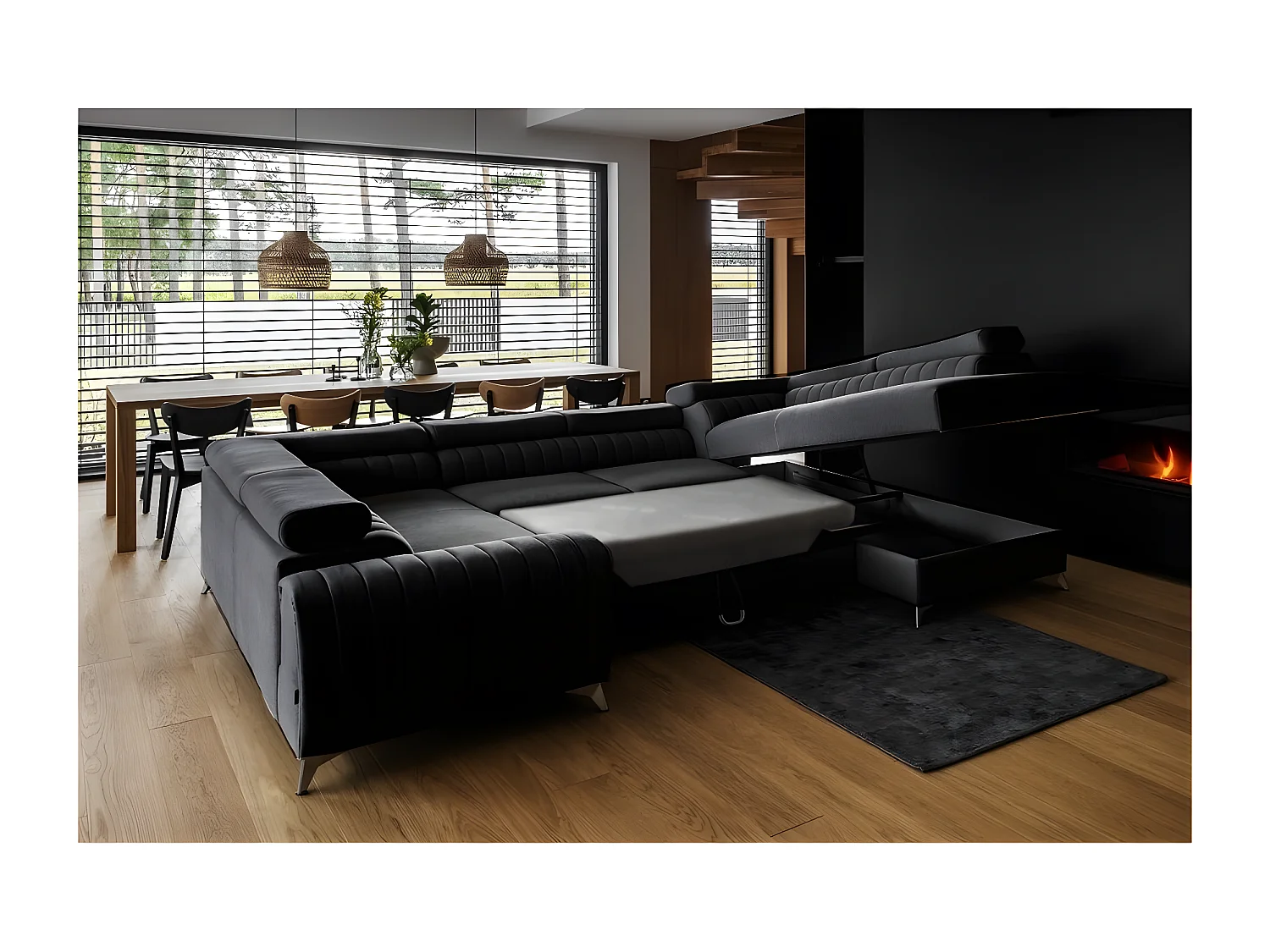 Hoekbank LOUCA VELOURS Luxe met slaapfunctie en opbergruimte, zwart, 7/8 zitplaatsen