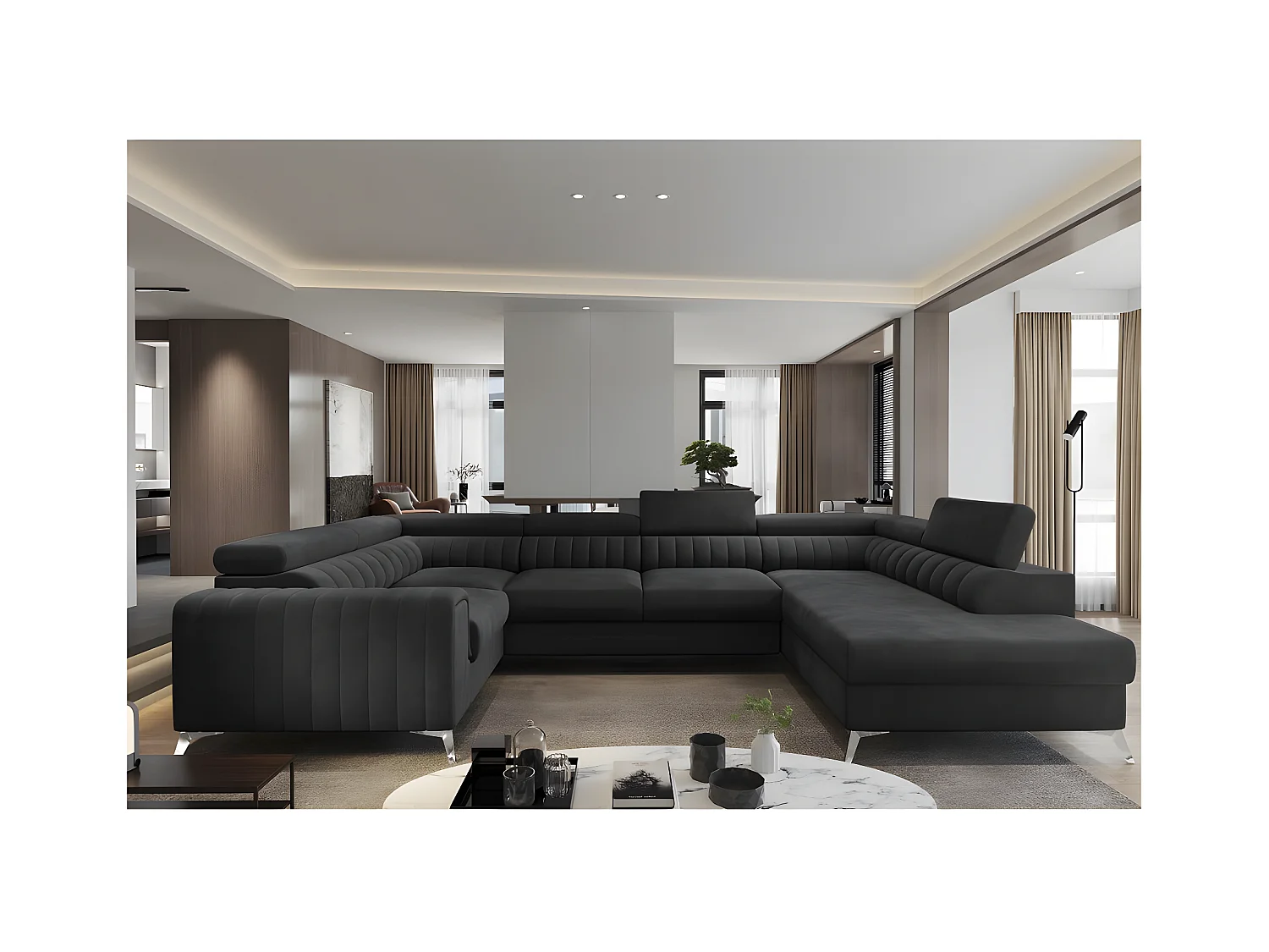 Canapé d'angle convertible, LOUCA VELOURS Luxe, 7/8 places, NOIR, accoudoir gauche (vu de face)