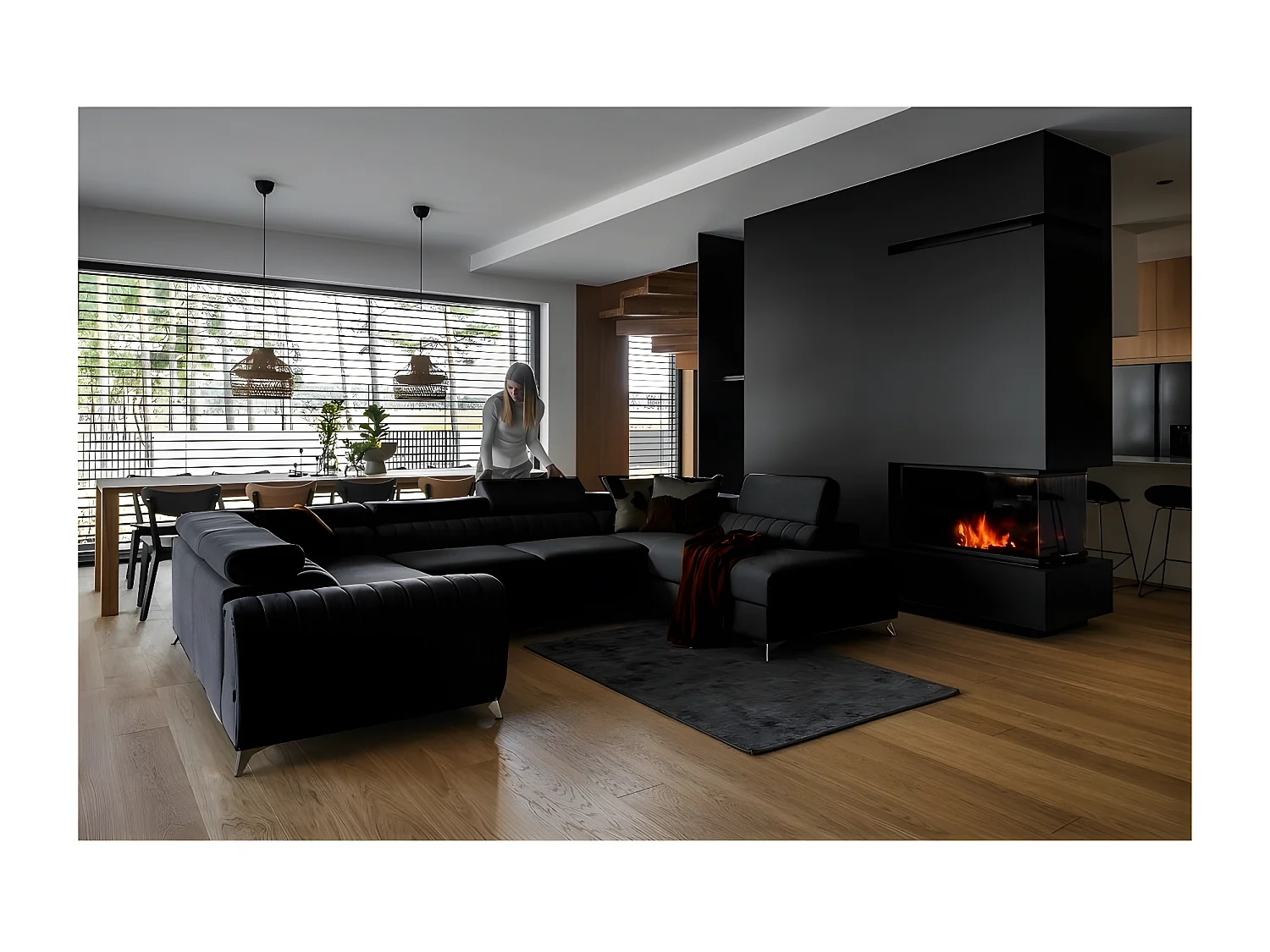 Canapé d'angle convertible, LOUCA VELOURS Luxe, 7/8 places, NOIR, accoudoir gauche (vu de face)