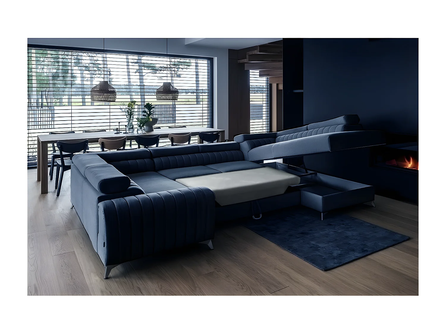 Hoekbank LOUCA VELOURS Luxe met opbergruimte, 7/8 plaatsen, donkerblauw