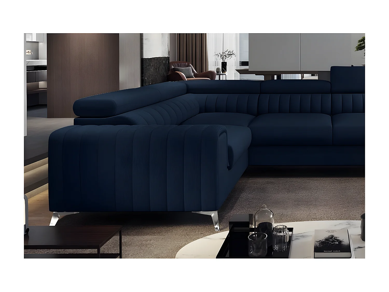 Hoekbank LOUCA VELOURS Luxe met opbergruimte, 7/8 plaatsen, donkerblauw