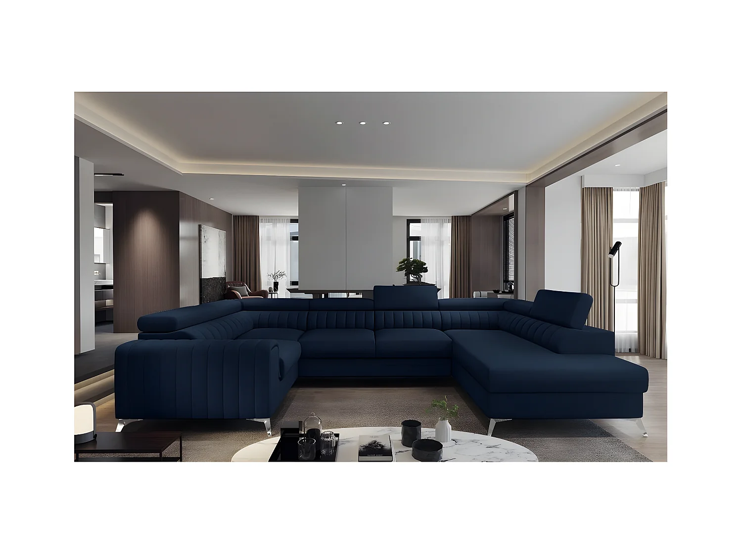 Canapé d'angle convertible, LOUCA VELOURS Luxe, 7/8 places, bleu foncé, accoudoir gauche (vu de face)
