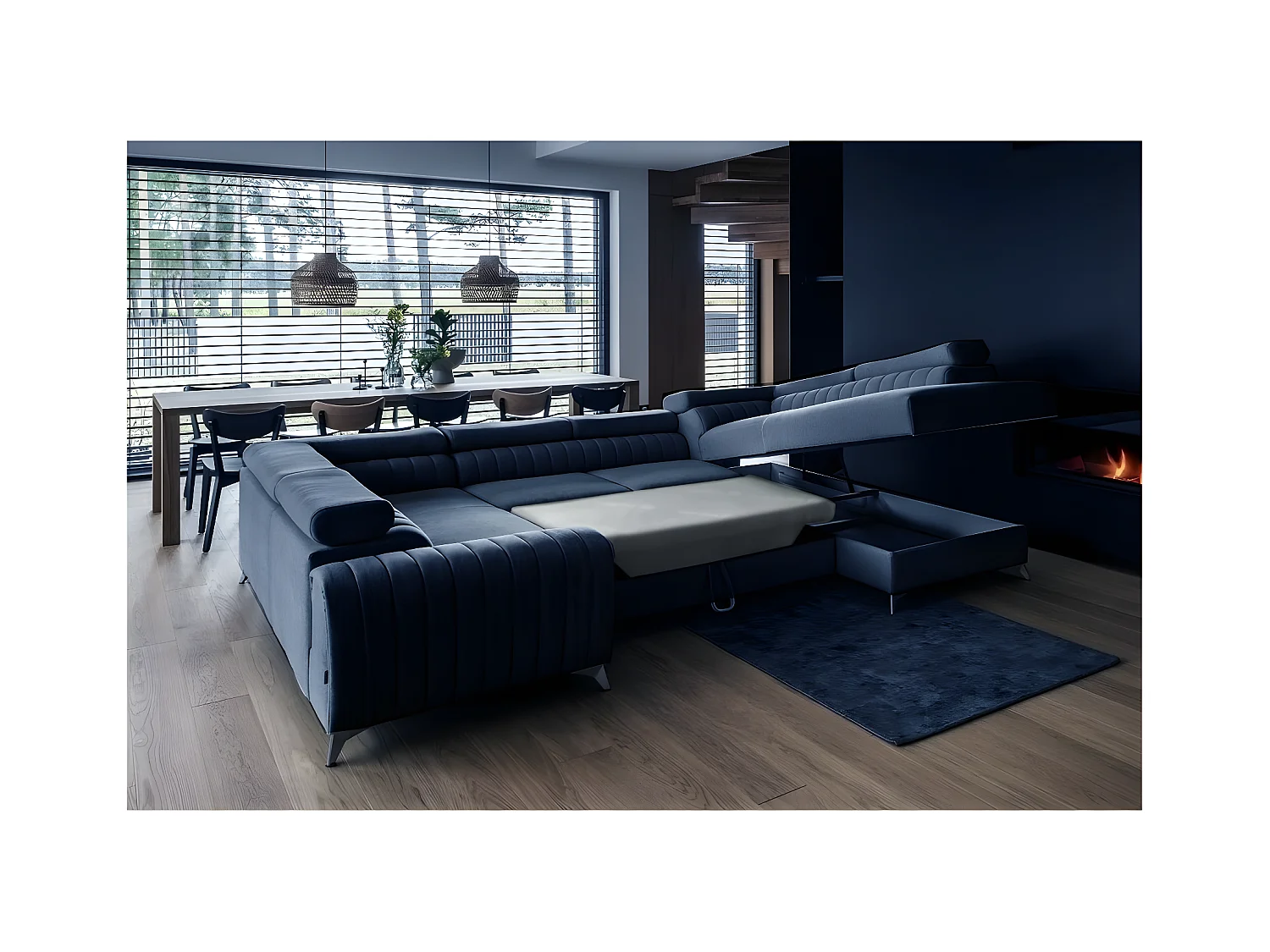 Canapé d'angle convertible, LOUCA VELOURS Luxe, 7/8 places, bleu foncé, accoudoir gauche (vu de face)