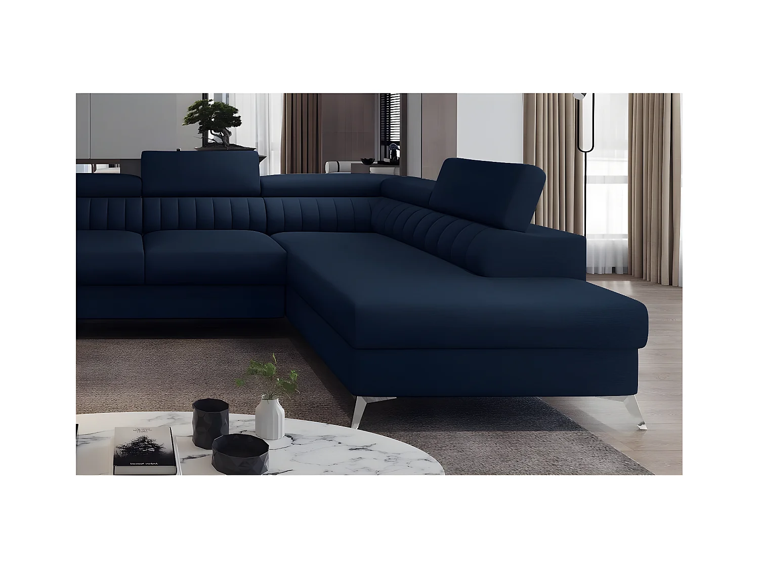 Canapé d'angle convertible, LOUCA VELOURS Luxe, 7/8 places, bleu foncé, accoudoir gauche (vu de face)