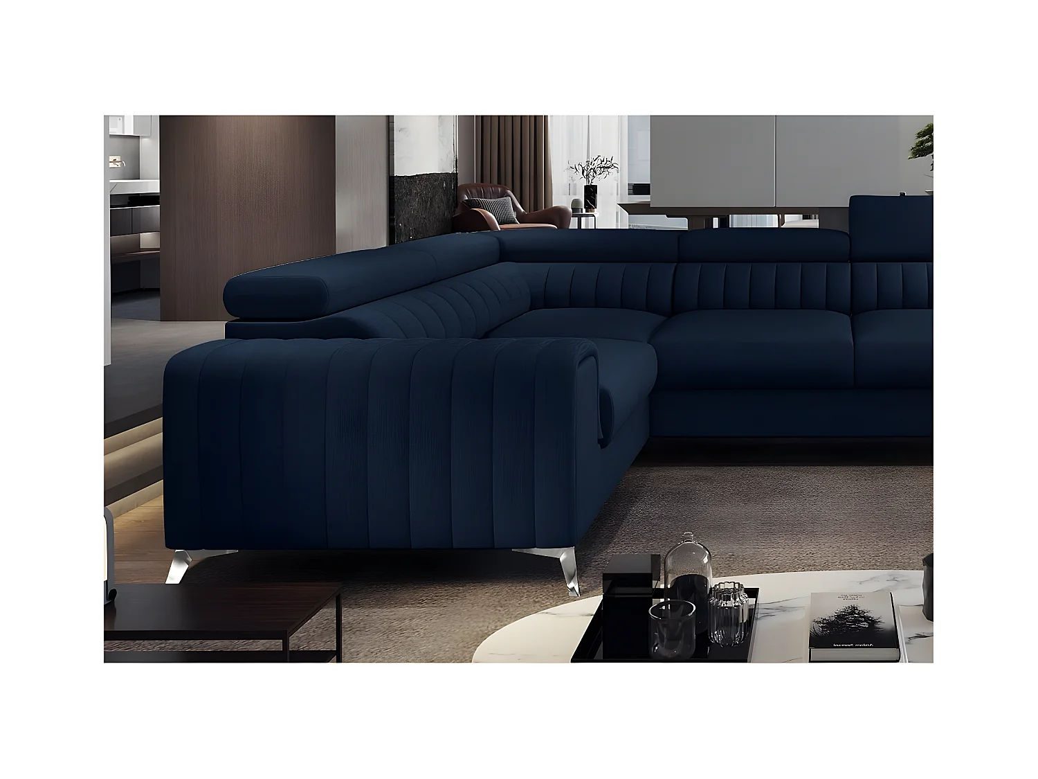 Canapé d'angle convertible, LOUCA VELOURS Luxe, 7/8 places, bleu foncé, accoudoir gauche (vu de face)