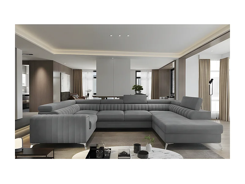 Canapé d'angle convertible, LOUCA VELOURS Luxe, 7/8 places, gris , accoudoir gauche (vu de face)