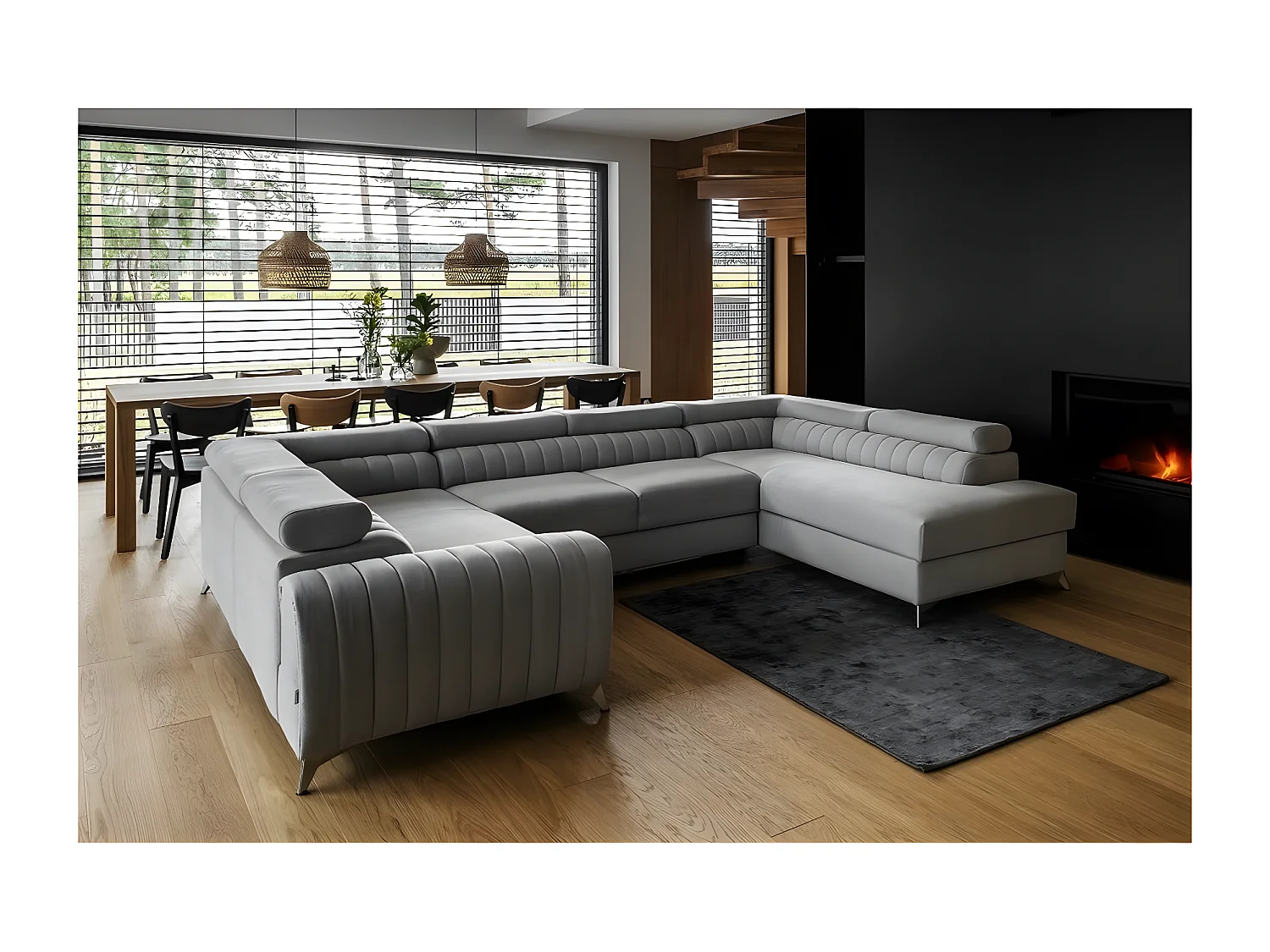 Canapé d'angle convertible, LOUCA VELOURS Luxe, 7/8 places, gris , accoudoir gauche (vu de face)