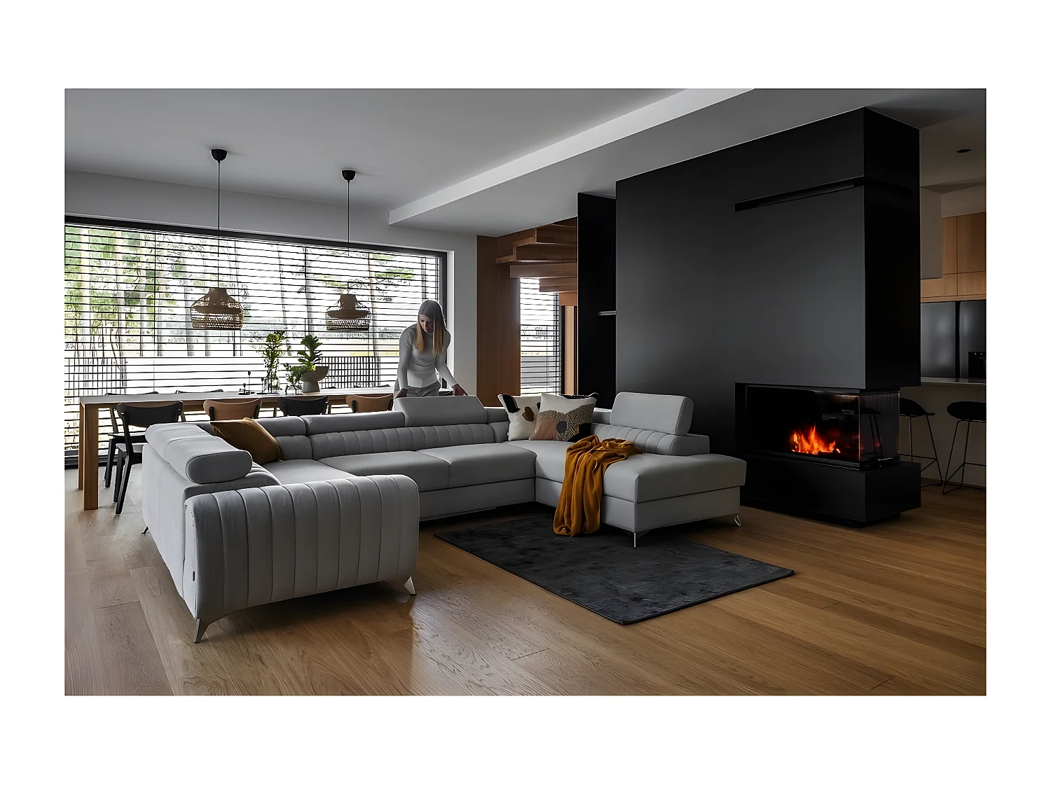 Canapé d'angle convertible, LOUCA VELOURS Luxe, 7/8 places, gris , accoudoir gauche (vu de face)