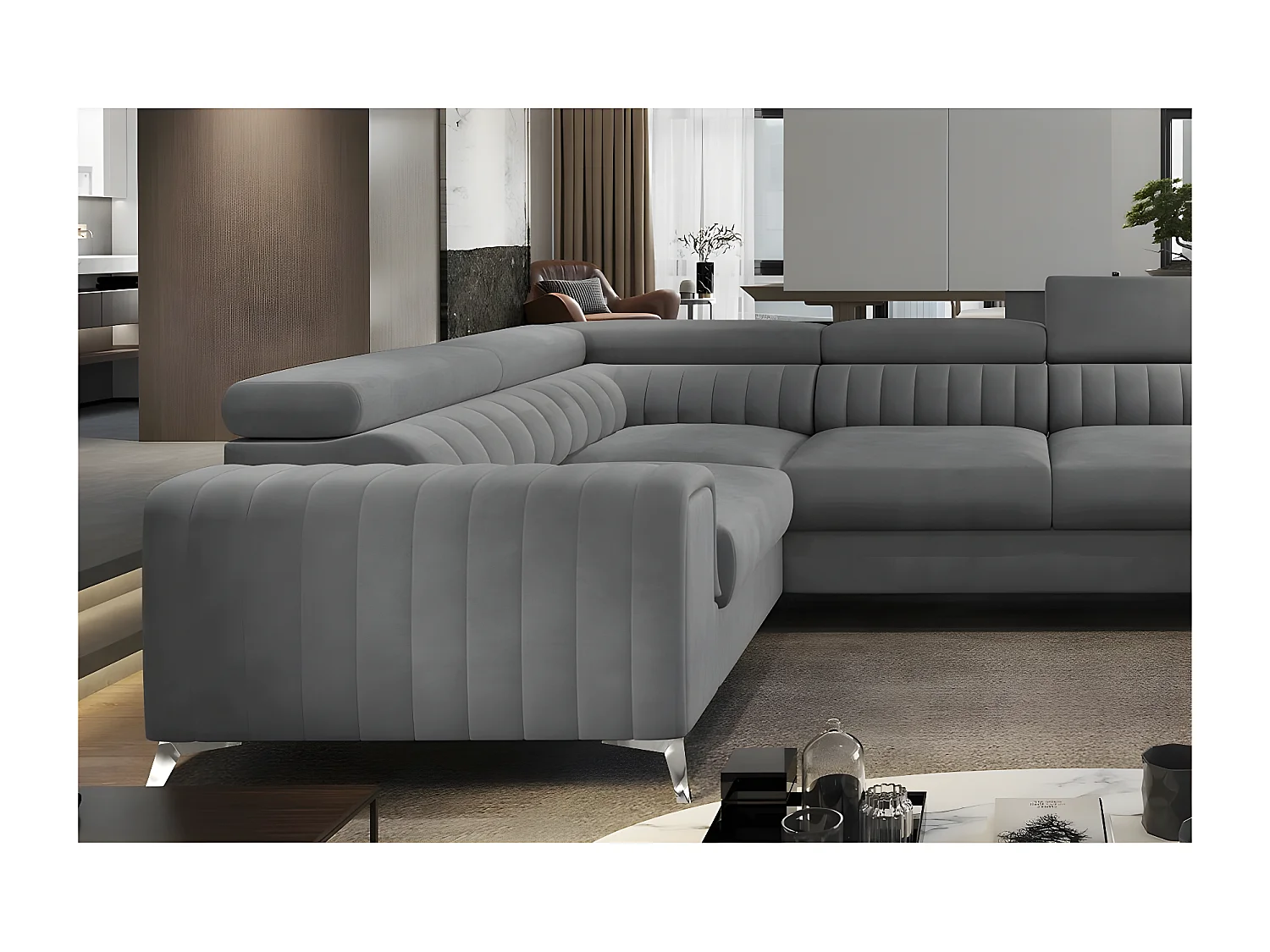 Canapé d'angle convertible, LOUCA VELOURS Luxe, 7/8 places, gris , accoudoir gauche (vu de face)