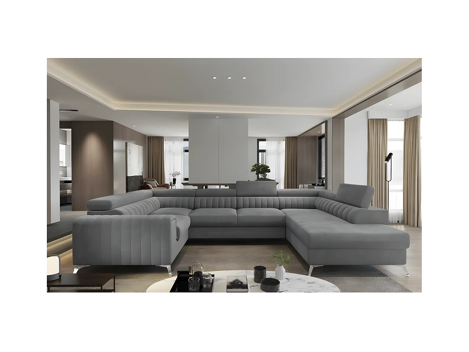 Canapé d'angle convertible, LOUCA VELOURS Luxe, 7/8 places, gris , accoudoir gauche (vu de face)