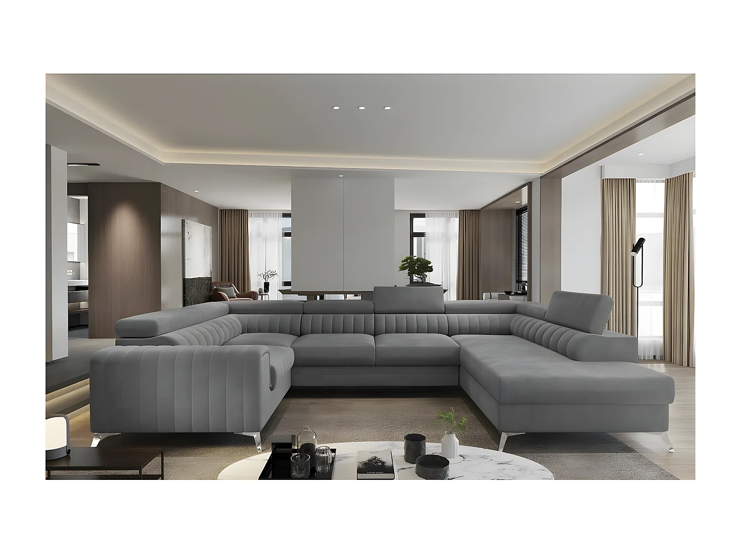 Canapé d'angle convertible, LOUCA VELOURS Luxe, 7/8 places, gris , accoudoir gauche (vu de face)