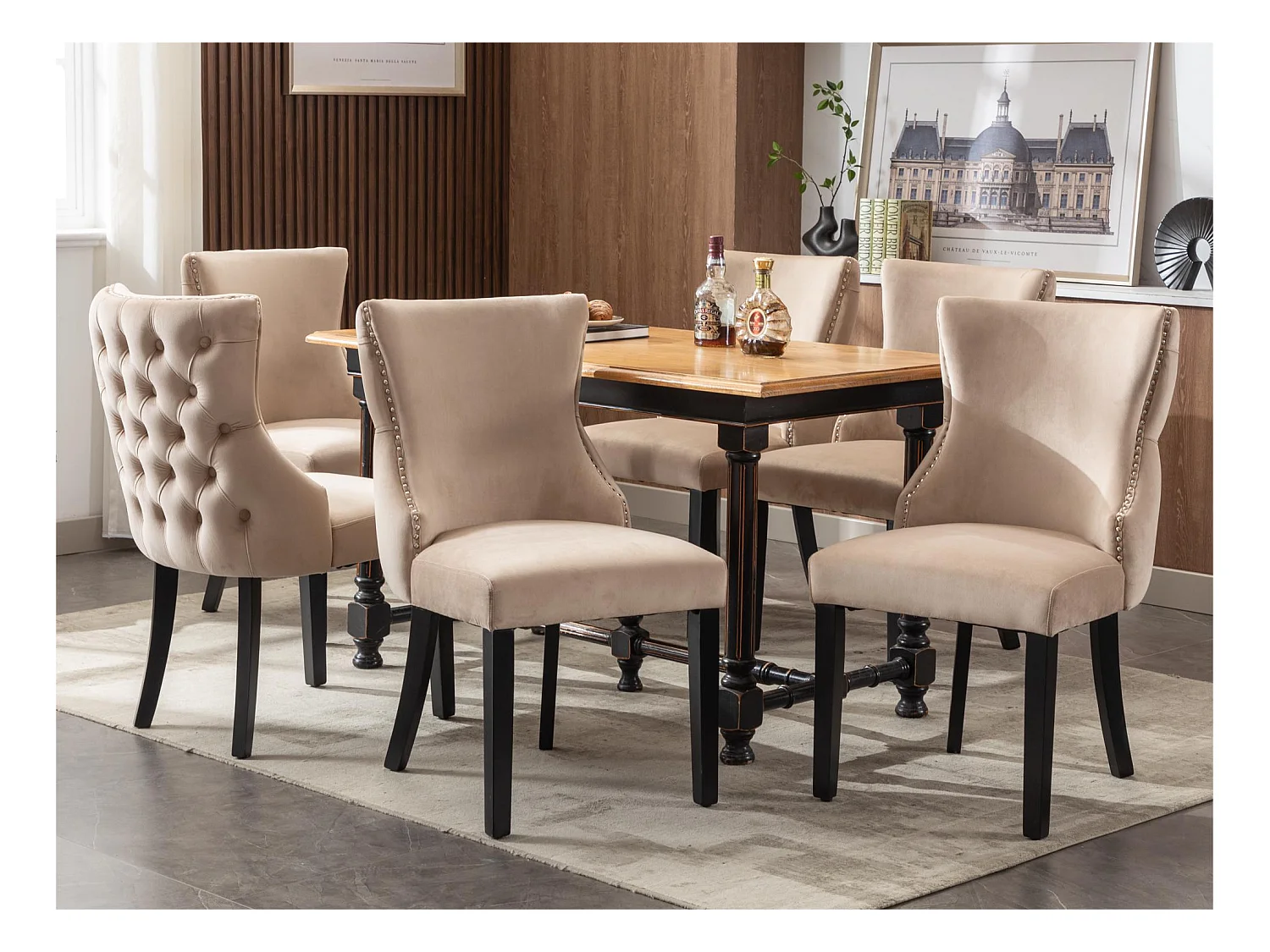 Lot de 6 chaises gondole en velours - pieds en bois massif - Beige