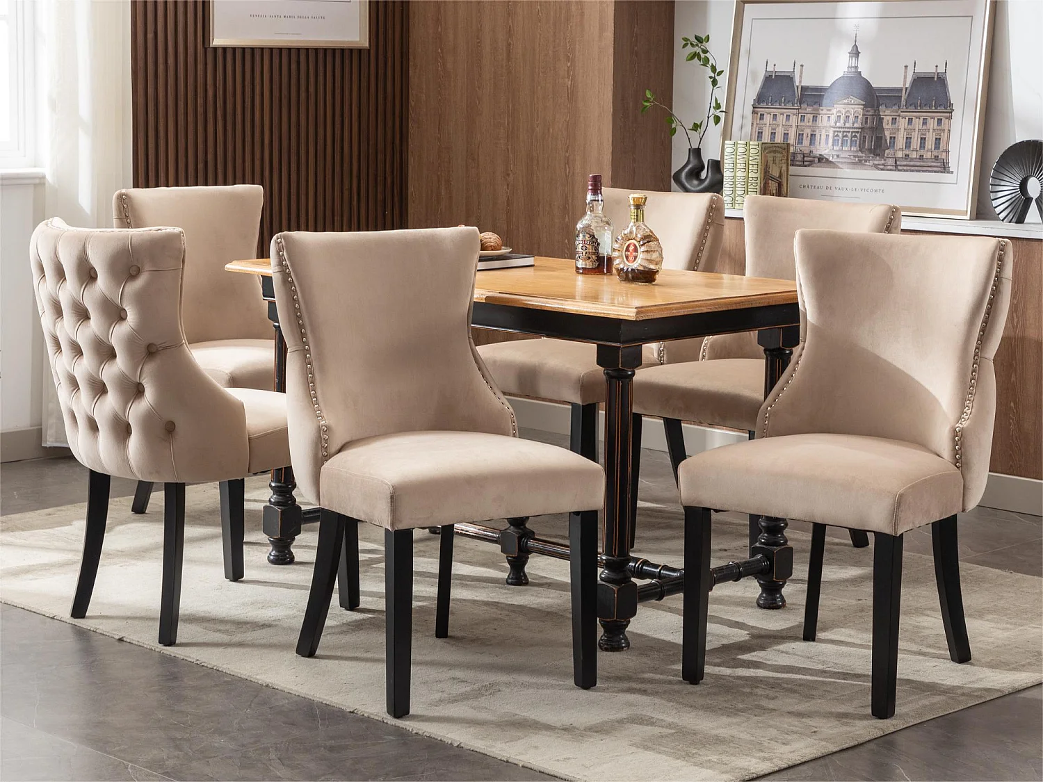 Set mit 6 Gondelstühlen aus Samt – Beine aus Massivholz – Beige