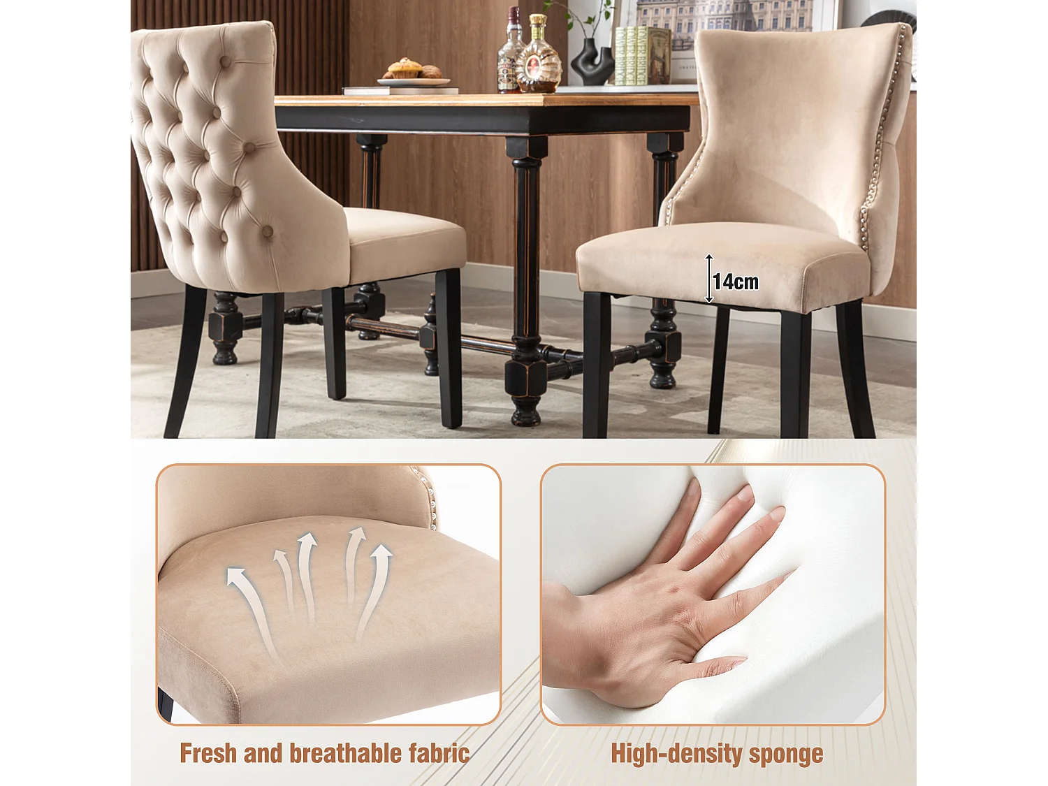 Set mit 2 Gondelstühlen aus Samt – Beine aus Massivholz – Beige