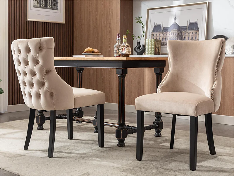 Lot de 2 chaises gondole en velours - pieds en bois massif - Beige