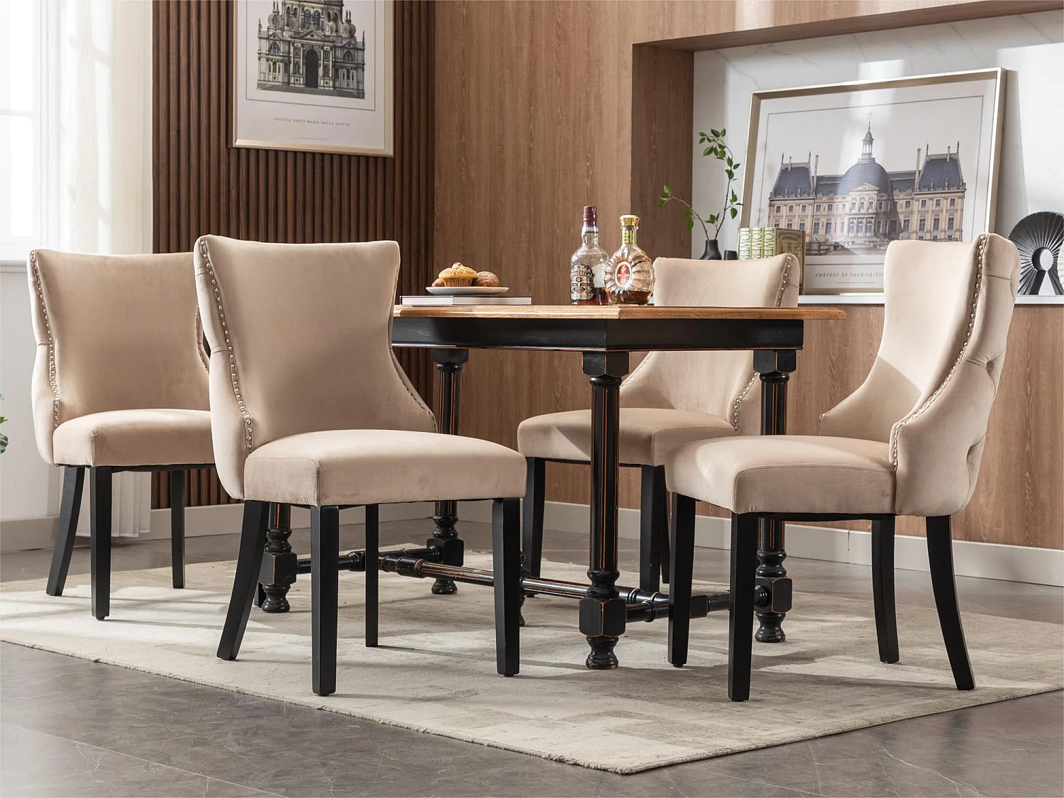 Juego de 4 sillas góndola de terciopelo - patas de madera maciza - Beige