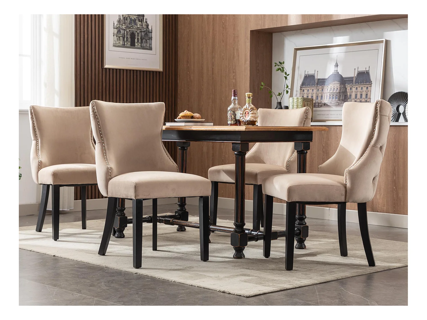 Lot de 4 chaises gondole en velours - pieds en bois massif - Beige