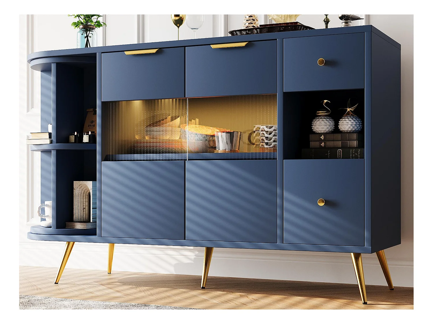 Buffet avec LED et rangements multifonctionnels - en MDF - style moderne - Bleu