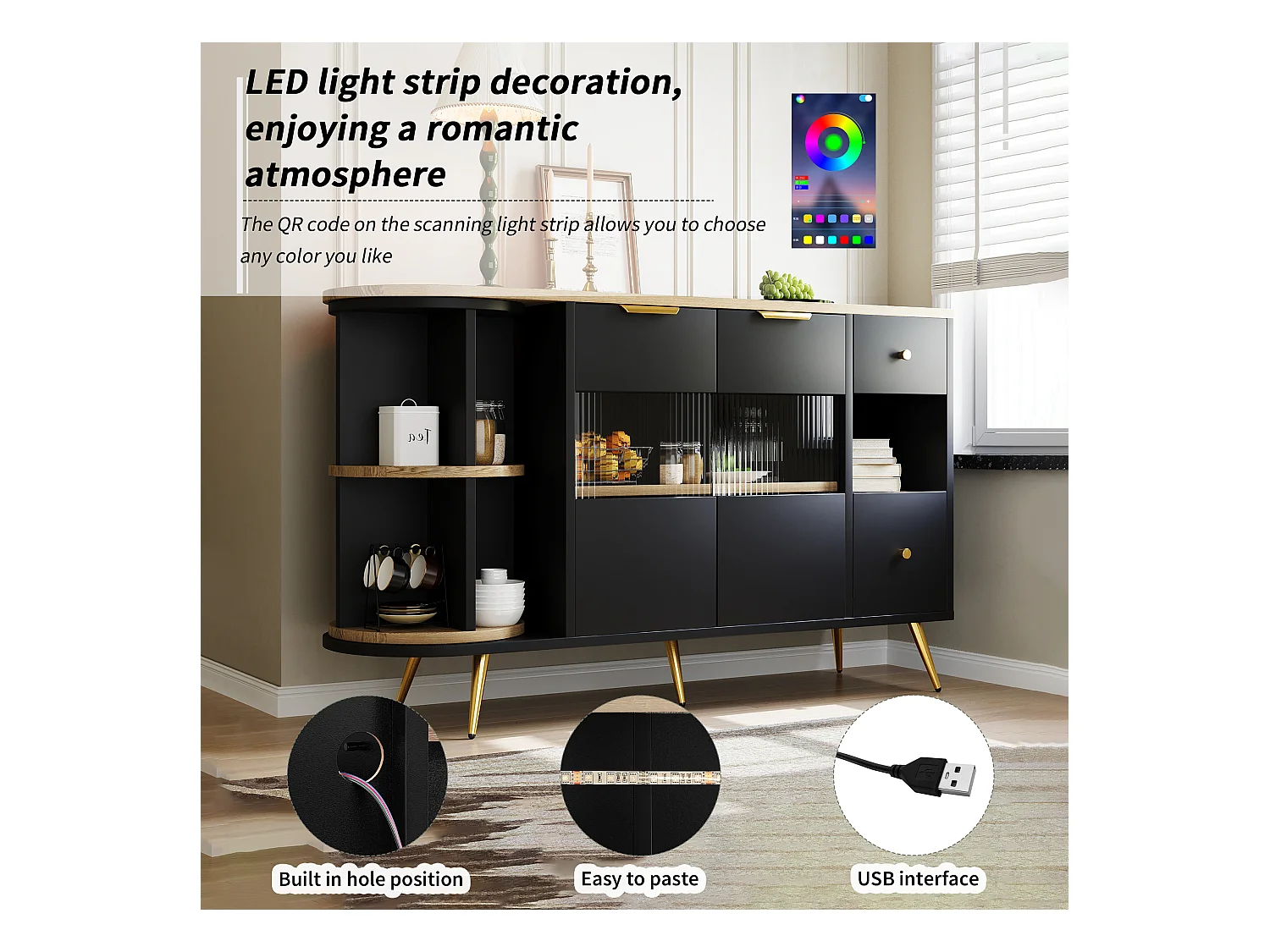 Aparador con LED y almacenaje multifuncional - en MDF - estilo moderno - Negro