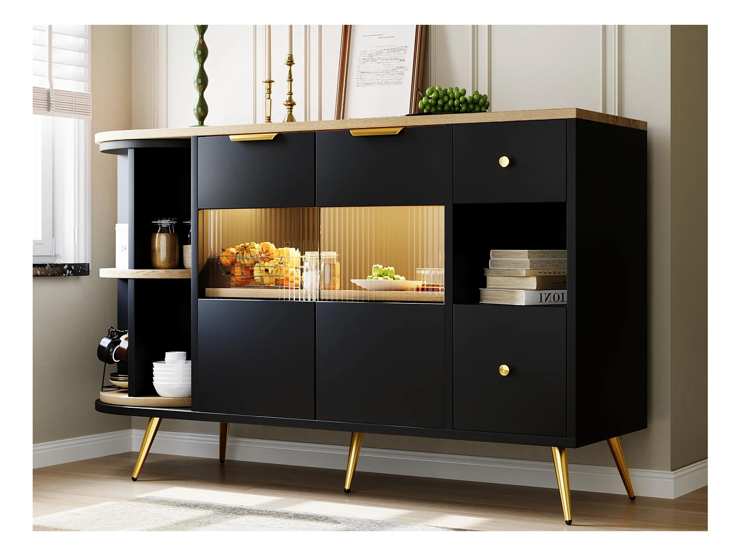 Buffet avec LED et rangements multifonctionnels - en MDF - style moderne - Noir