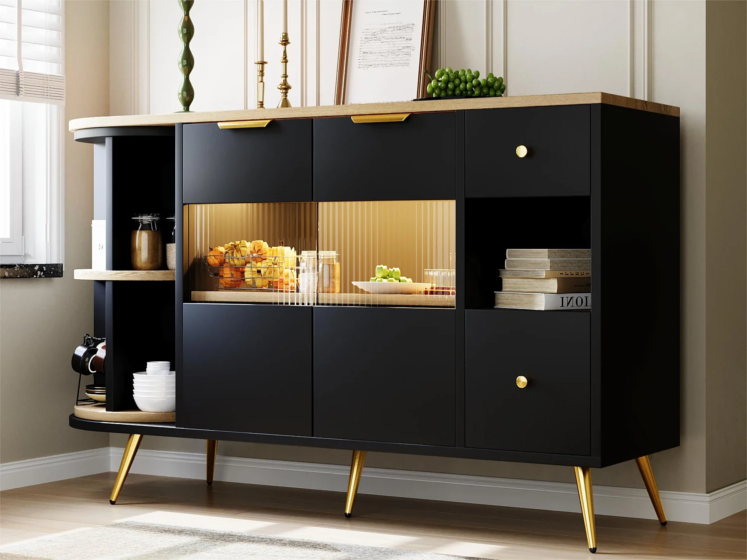Bufet z LED i wielofunkcyjnymi schowkami - z MDF - styl nowoczesny - Czarny