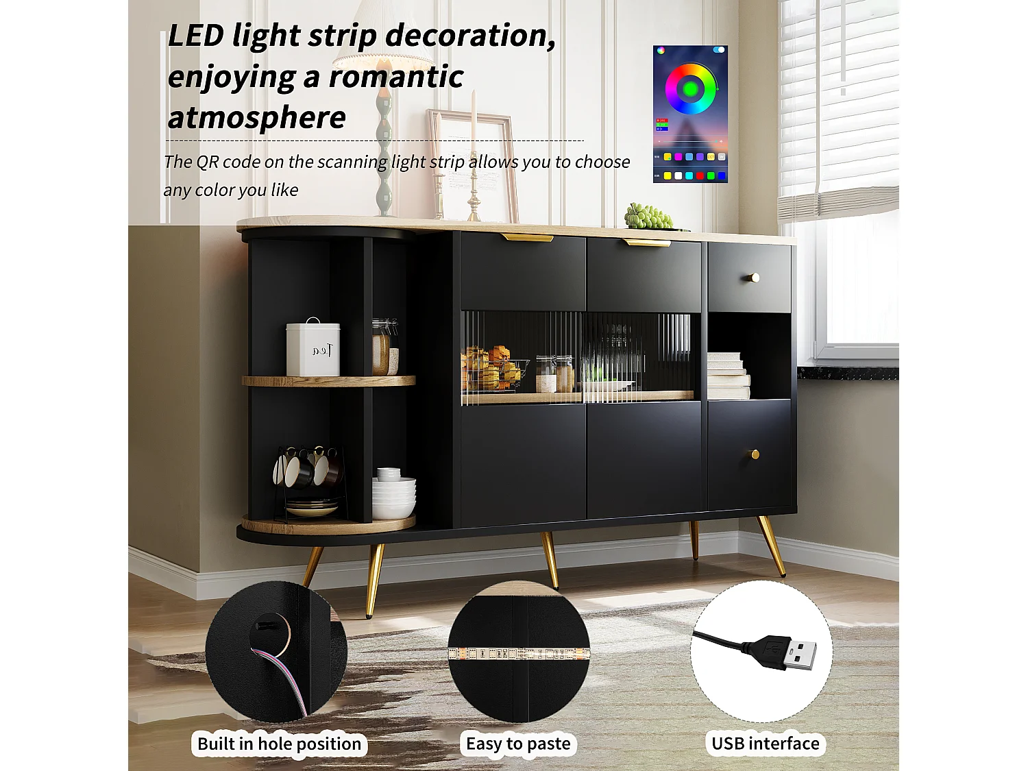 Bufet z LED i wielofunkcyjnymi schowkami - z MDF - styl nowoczesny - Czarny