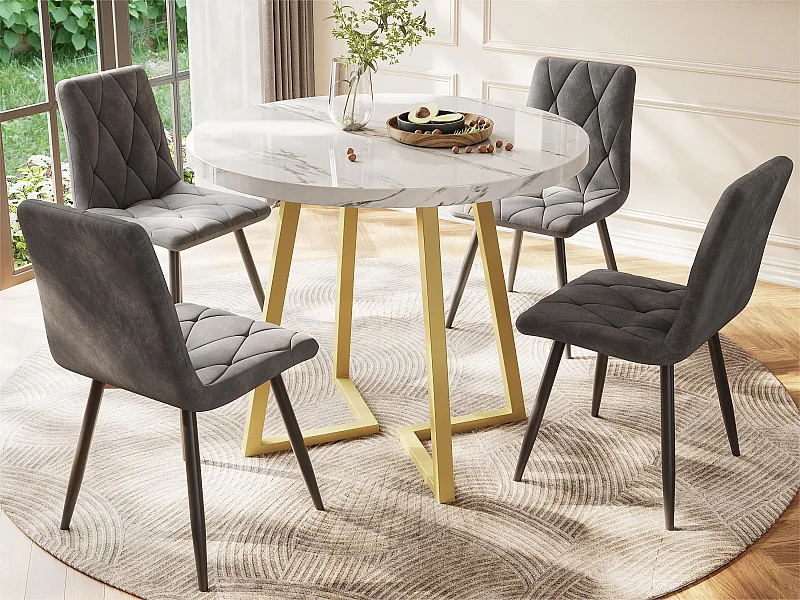 Runder Esstisch – Metallstruktur – Furnier mit Marmormuster – Weiß und Gold