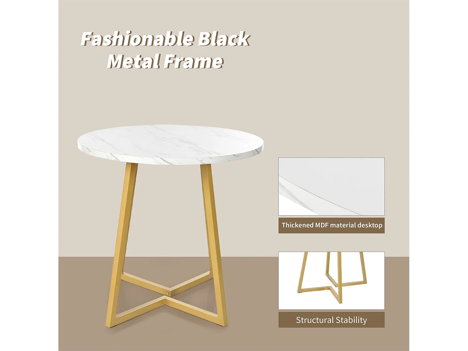Table à manger ronde - structure en métal - placage à motif de marbre - Blanc & Doré